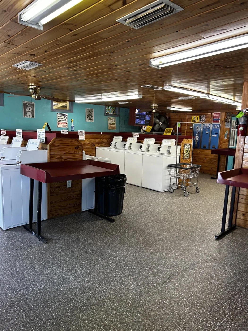 Burgundy folding tables and coin washers at Goobers